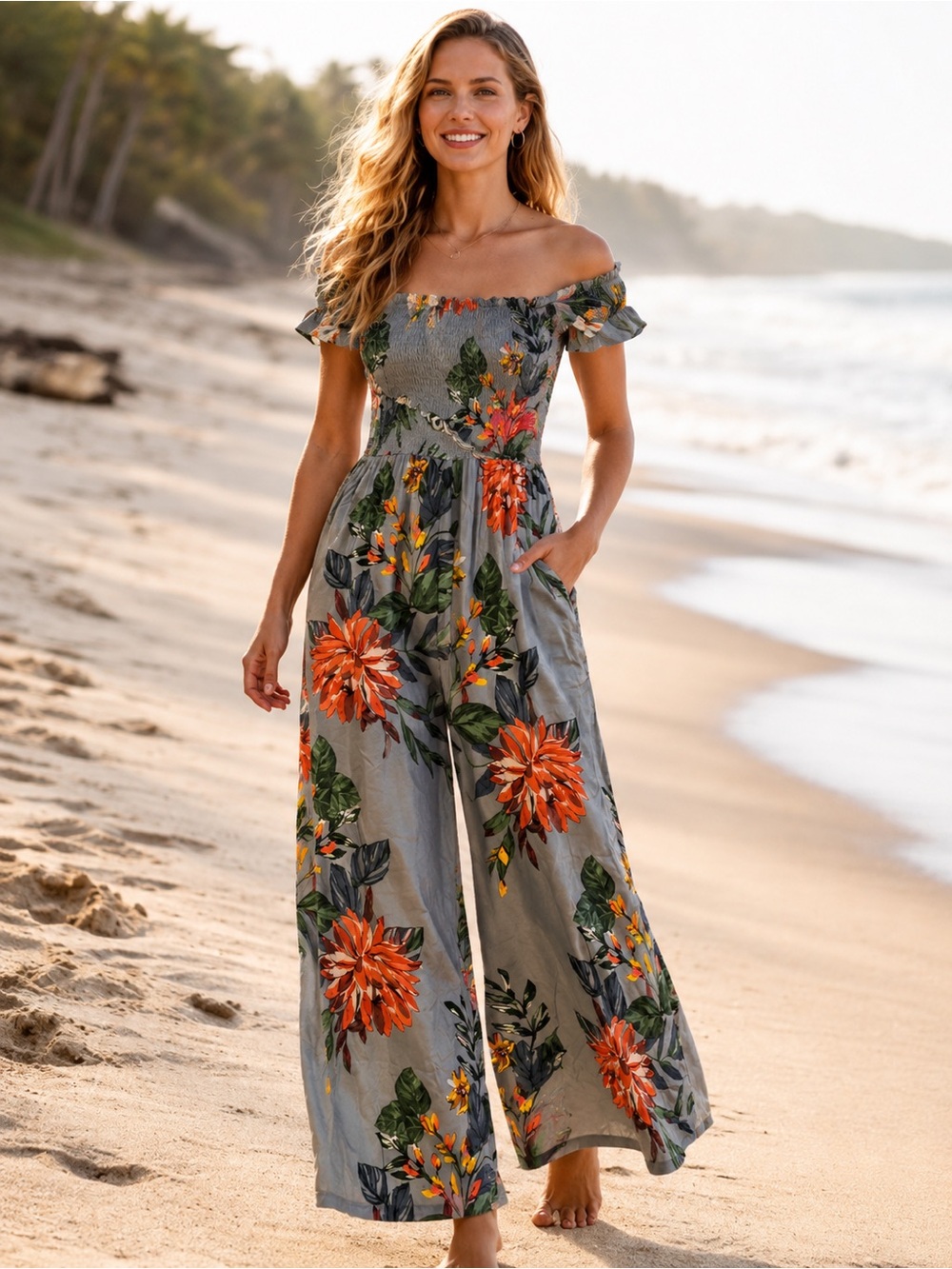 Patrons of Peace Floral Wide Leg Jumpsuit Gray Orange Boho Cottagecore medium